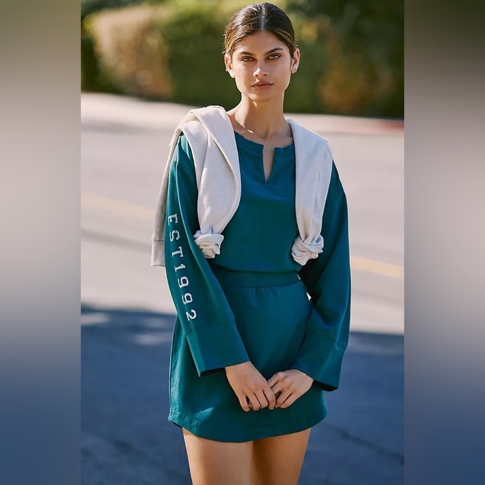 Anthropologie Daily Practice Teal Green Long Sleeve Paris Graphic Mini Dress L